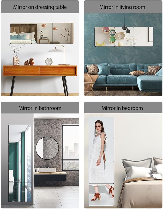 Unbreakable Full Length Wall Mirror, 4Pcs 10"x10", Over The Door, Made of Shatterproof Plexiglass Acrylic, Long Mirrors for Bedroom Closet, Workout for Home Gym, Full Body Mirror for Kids