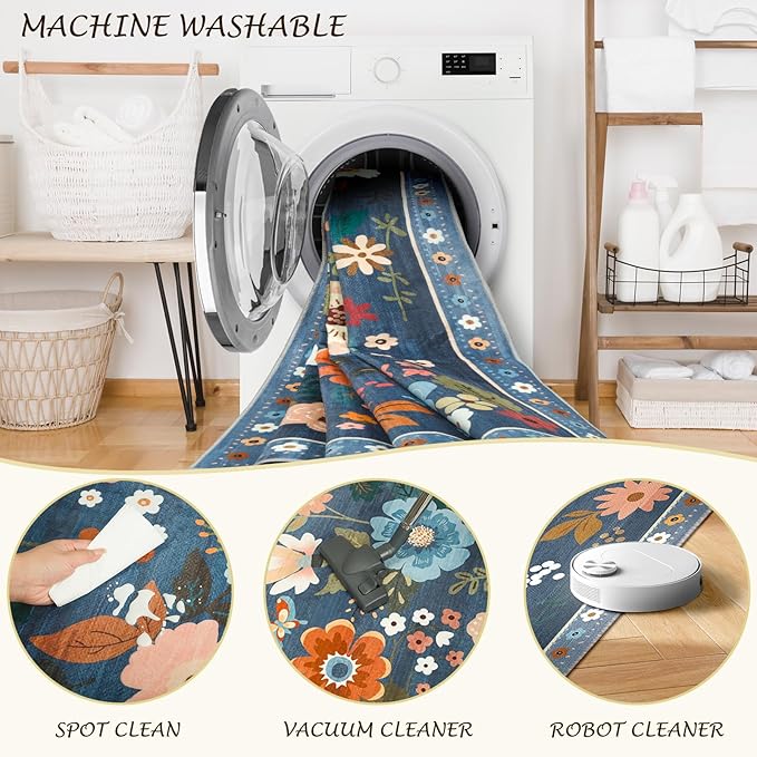RELEANY Floral Nursery 9x12 Area Rugs Washable Print Boho Cute Carpet Non Slip Flower Low Pile for Living Room Kids Girls Playroom Bedroom Kitchen Office Farmhouse-Blue/Grey