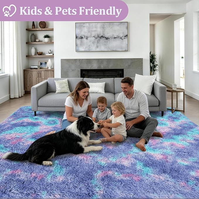 Fluffy 4x6 Area Rugs for Living Room Bedroom: Ultra Soft Shag Rug Non-Slip Non-Shedding Small Plush Bedside Rug Indoor Floor Carpets for Kids Room Playroom Entryway Nursery Dorms Home Rainbow Purple