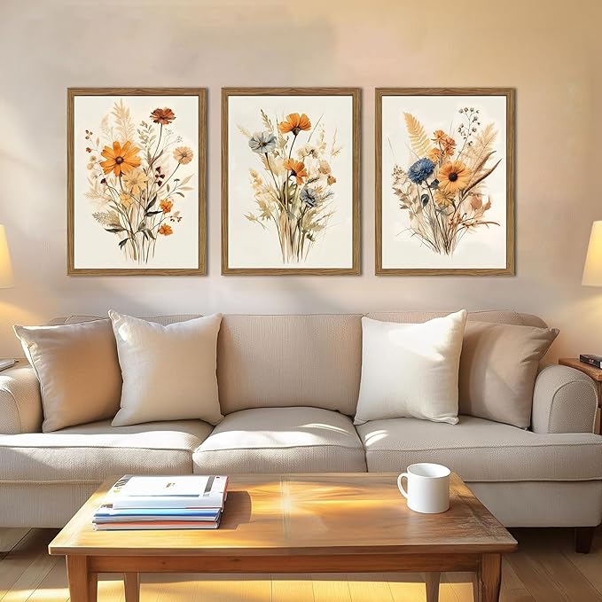 Vintage Wildflower Framed Canvas Wall Art Set of 3 – Rustic Botanical Floral Pictures Prints for Living Room Bedroom Bathroom, Retro Boho Wall Decor for Home Aesthetic 16x24 inch