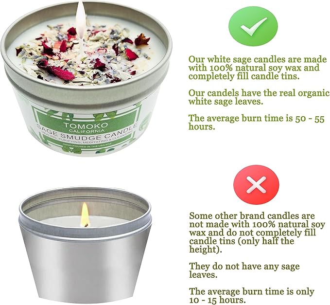 TOMOKO White Sage Candle, Sage Leaf, Rose, Lavender, Himalayan Salt & Essential Oil