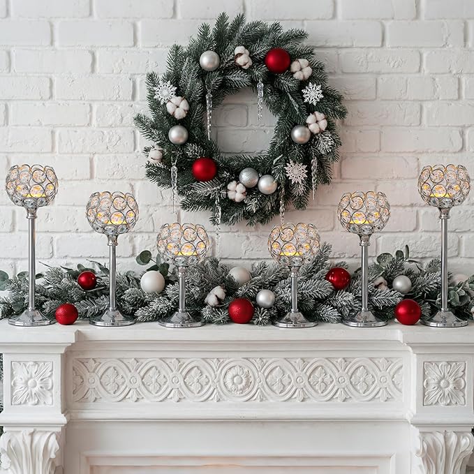 Set of 3 Silver Crystal Metal Tealight Candlestick, Bling Bowl Candelabras, Tall Votive Candle Holders Elegant Candle Centerpiece for Dining Table Wedding Decor