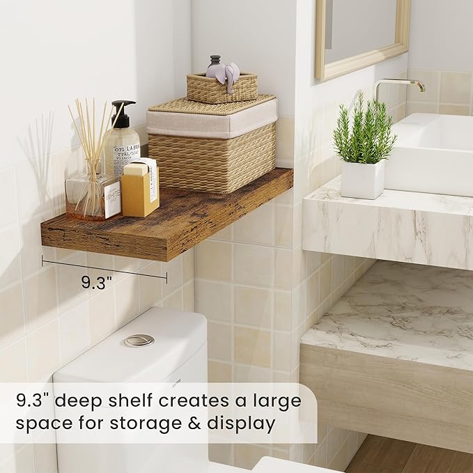 Fun Memories 24 Inch Floating Shelves, 9.3 Inch Deep Rustic Wall Shelves - Extra Deeper Wall Mounted Storage Shelves for Bathroom, Kitchen, Living Room (Brown, Set of 2)
