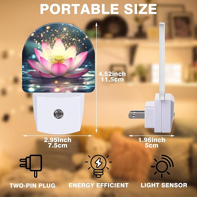 Night Lights Plug into Wall Sparkle Pink Lotus Night Light Dusk to Dawn Smart Sensor Decorative Round Led Lamp for Bedroom Kitchen Hallway Nightlight for Women Men