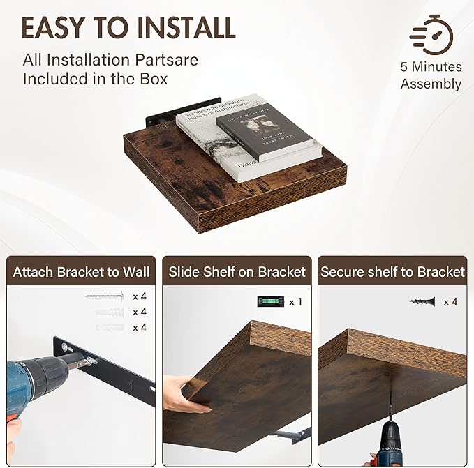 Acovy 12 Inch Floating Shelves, 12" Deep Floating Shelf Wall Mounted, 12" Wall Shelves, Rustic Deep Bookshelf, Extra Deeper Display Shelves & Storage Shelves for Bedroom, Living Room, Set of 3