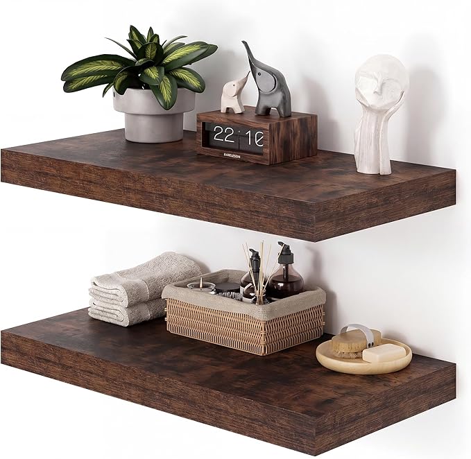 Heimlove 12" Deep Floating Shelves for Wall, 24 Inch Wall Mounted Shelf Set of 2 for Books Living Room Laundry Room Bedroom Kitchen Home Office, Rustic Brown