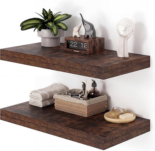 Heimlove 12" Deep Floating Shelves for Wall, 24 Inch Wall Mounted Shelf Set of 2 for Books Living Room Laundry Room Bedroom Kitchen Home Office, Rustic Brown