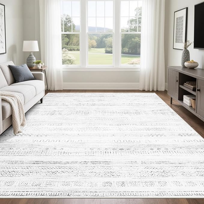 Srugn Moroccan Washable Rugs 8x10 Area Rugs for Living Room,Bedroom,Dining Room- Large Ultra Soft Faux Wool Retro Carpet,Non Slip&Non-Shedding Low Pile Vintage Print Rug for Home Office-(Gray-White)