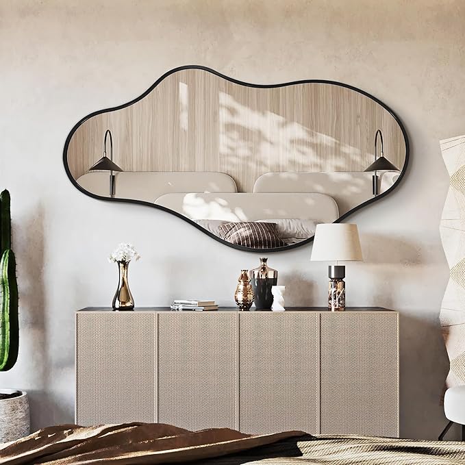 Dorlicecass Bathroom Mirrors for Over Sink - Long Wall Mirrors Decorative 20"x 36" Asymmetrical Abstract Aviation Aluminum Alloy Frame Unique for Bedroom, Living Room, Cloakroom, Entryway Black