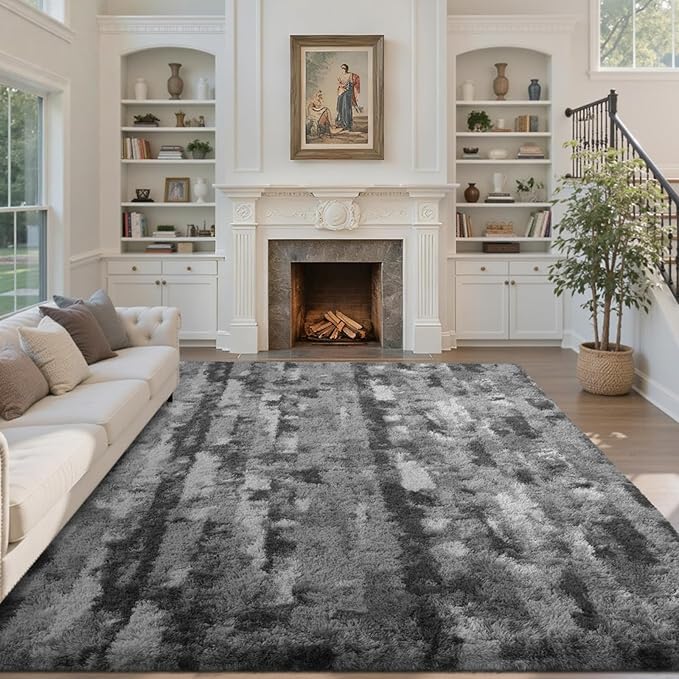 Area Rugs for Living Room 6x9 Feet, Soft Fluffy Shagg Plush Bedroom Rug Non-Slip,Large Carpet for Nursery Kids Dorm Home Decor Grey and White