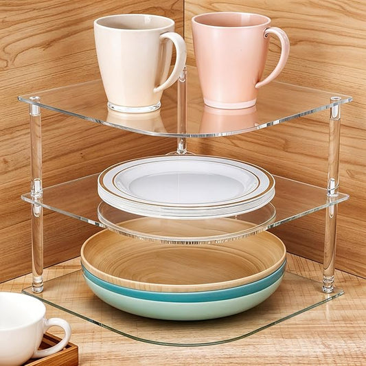1 Pc Acrylic Plate Organizer for Cabinet Kitchen Countertop Corner Clear Cabinet Organizer for Paper Plate and Bowl Dishes Pantry Storage Corner Rack Plate Holder for Cabinet Bathroom Storage