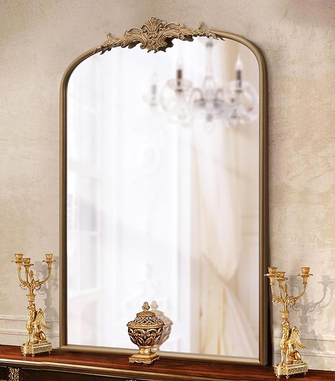 Besdomus Antique Gold Arched Mirror: 24"x36" French Large Arch Gold Vintage Vanity Wall Mounted Mirror - Traditional Ornate Home Decor for Entryway/Bathroom/Bedroom - Idea for Fashion-Conscious