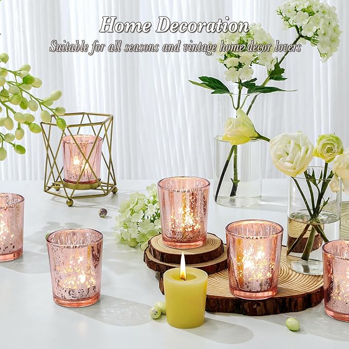 UPBUD Votive Candle Holders Set of 24, Speckled Mercury Rose Gold Glass Candle Holders for Wedding Centerpiece Table Decorations, Tealight Candle Holder for Party Bridal Shower Decor, Home Decor