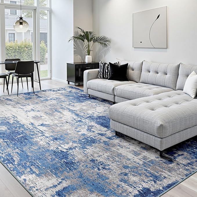 RELEANY Washable Area Rugs 6'x8' Non-Slip Modern Abstract Soft for Living Room Entryway Bedroom Nursery, Print Pattern, Blue Grey Navy Gray