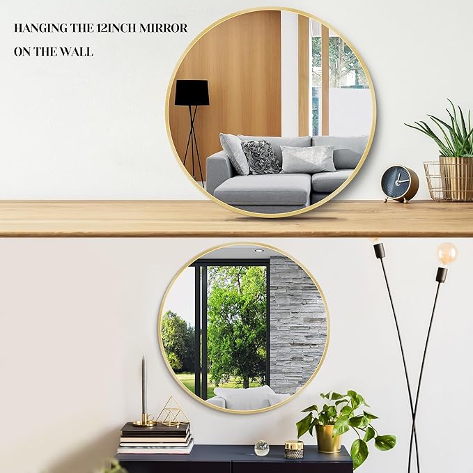 Itrue 12 Inch Small Round Wall Mirror, Gold Metal Frame Decorative Circle Mirror with Wall Mount Hook for Bathroom Bedroom Entryway – Accent Mirror, Not Full Size
