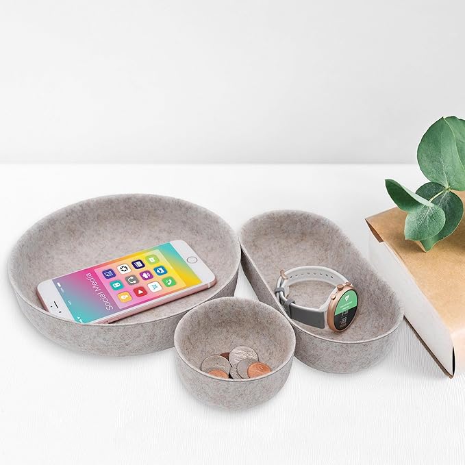 Welaxy EDC Cathall Desk Organizer felt bowls round stylish nightstand multi tray Entryway Bedside Caddy for Keys Phone Wallet Watch Glasses Pens minimalist living 3-Piece (Oatmeal)
