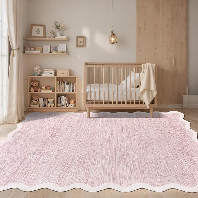 GarveeHome Scalloped Washable Rug 6x9 Area Rugs for Living Room Modern Pink Abstract Nursery Rug Large Area Rug for Bedroom Non Slip Throw Rugs Soft Low Pile Stain Resistant Carpet for Classroom 6'x9'