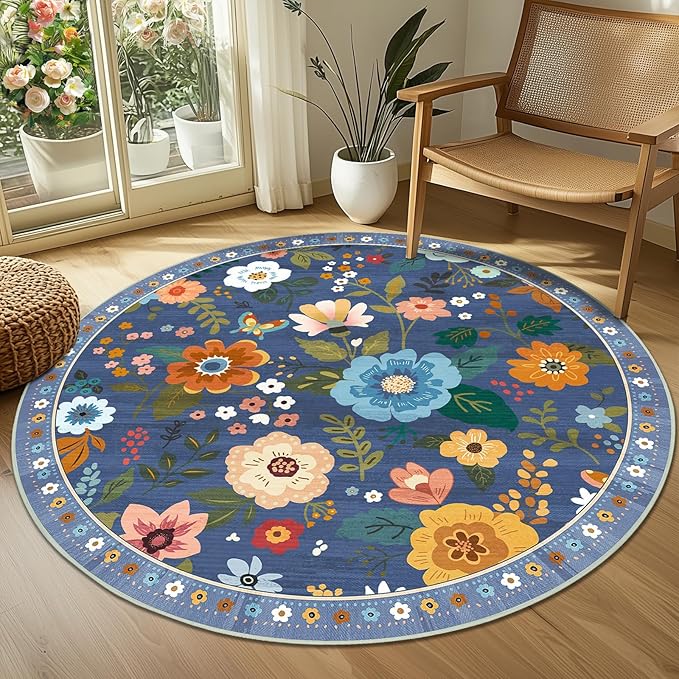 RELEANY Floral Nursery 4ft Area Rugs Washable Print Boho Cute Carpet Non Slip Flower Low Pile for Living Room Kids Girls Playroom Bedroom Kitchen Office Farmhouse-Blue/Grey