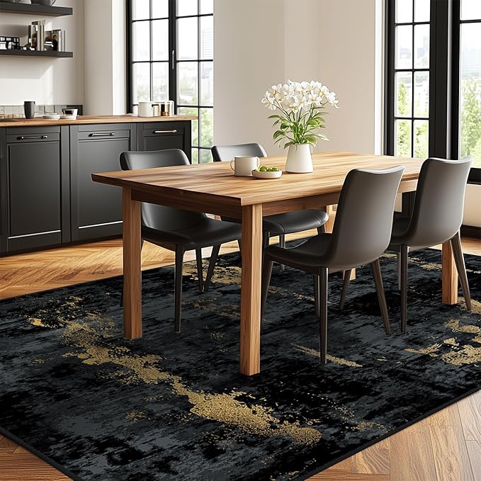 RELEANY Washable Area Rugs 5'x8' Non-Slip Modern Abstract Soft for Living Room Entryway Bedroom Nursery, Print Pattern, Dark Black Gold