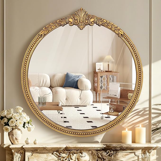 Farmhouse Round Wood Mirror - 30x30 Inches Antique Gold Baroque Wall Mirror, Ornate Beaded Decorative Mirror for Mantel, Living Room