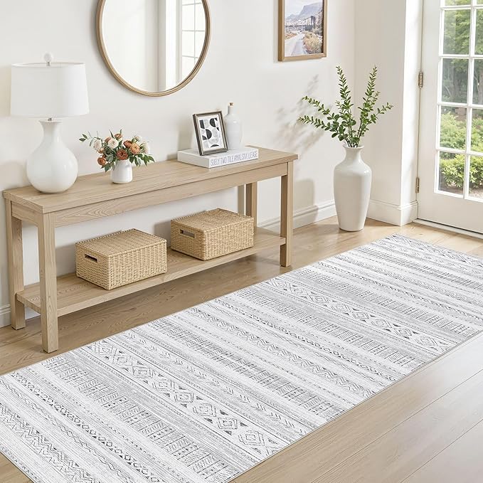 cotiled Hallway 2.6x8 Runner Rugs: Washable Boho Rugs with Non Slip Backing Large Soft Indoor Low Pile Carpet for Living Room Bedroom Farmhouse Dining Room Lightweight Home Decor Dark Grey