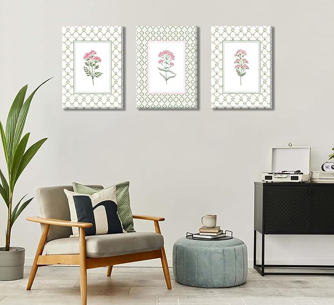 3Pcs Pink Green Floral Canvas Wall Art Wildflower Baby Room Painting Picture Wall Decor Pastel Botanical Poster Print Artwork for Bedroom Living Room Girls Bedroom Nursery Dining Room Home Decoration