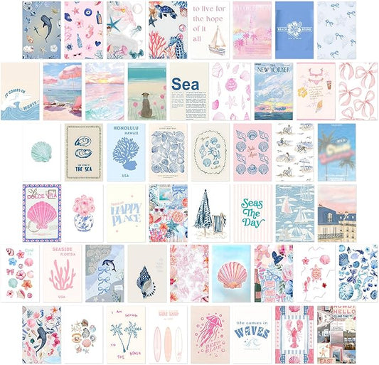 KBKBART Coastal Granddaughter Room Decor, Pink and Blue Wall Collage Kits, 50 Pcs 4x6 Inch Beachy Aesthetic Wall Art Prints Posters, Coastal Cowgirl Room Dorm Wall Decor for Teen Girls
