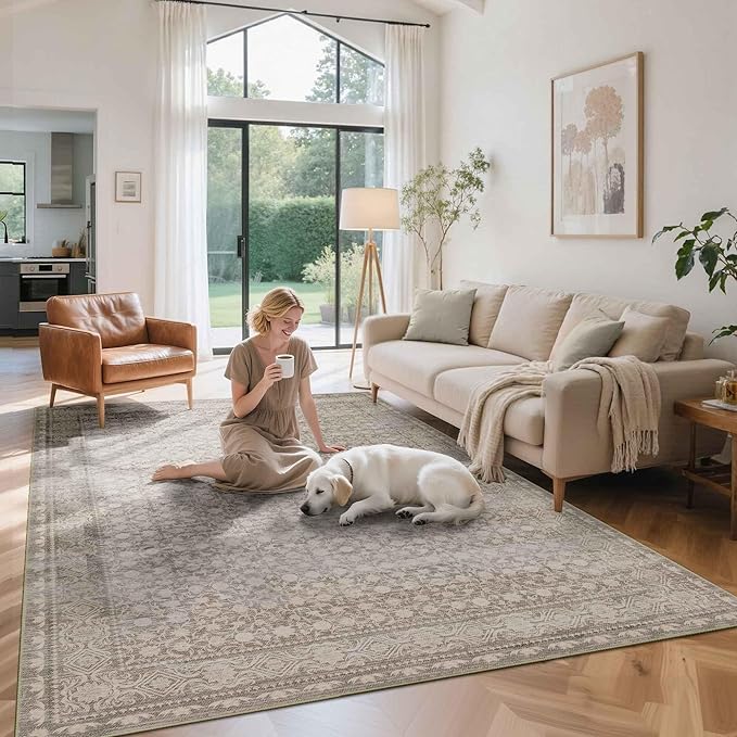 Rugxara 6x9 Washable Area Rug for Living Room, Vintage Large Boho Rugs for Office, Dining Room, Kids Room, Farmhouse, Durable Low Pile Non Slip Carpet for High Traffic Areas, Apricot
