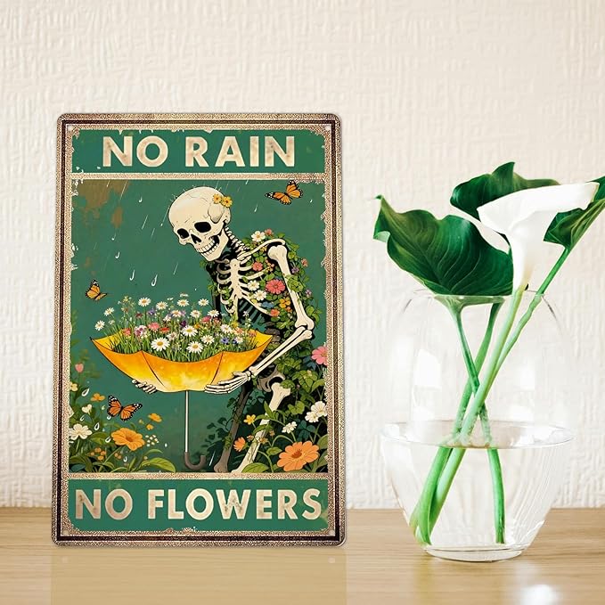 Retro Garden Metal Signs Vintage Skull Poster - No Rain No Flowers Sign, Floral Skull & Umbrella Wall Art Decor for Home, Garden, Bedroom, Living Room 8x12 Inch