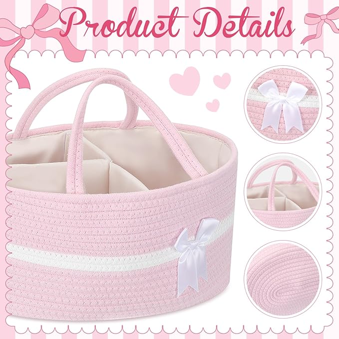 Yinkin 1 Pcs Extra Large Cotton Rope Storage Basket with Handles and Removable Divider Woven Gift Baskets with Bow for Closet Bedroom Nursery Toys Organizing, 14.17 x 8.66 x 7.09 Inch(Pink and White)