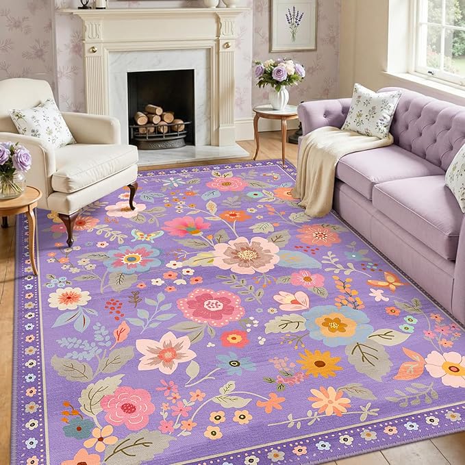 RELEANY Floral Nursery 7x9 Area Rugs Washable Print Boho Cute Carpet Non Slip Flower Low Pile for Living Room Kids Girls Playroom Bedroom Kitchen Office Farmhouse-Purple/Pink/Multi
