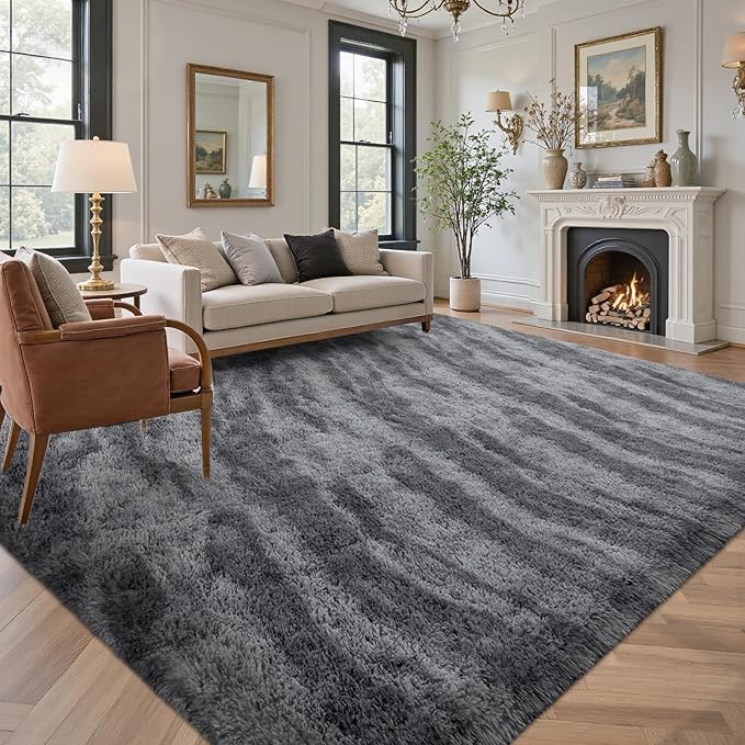 Area Rugs for Living Room 8x10 Feet, Soft Fluffy Shagg Plush Bedroom Rug Non-Slip,Large Carpet for Nursery Kids Dorm Home Decor Zebra Grey