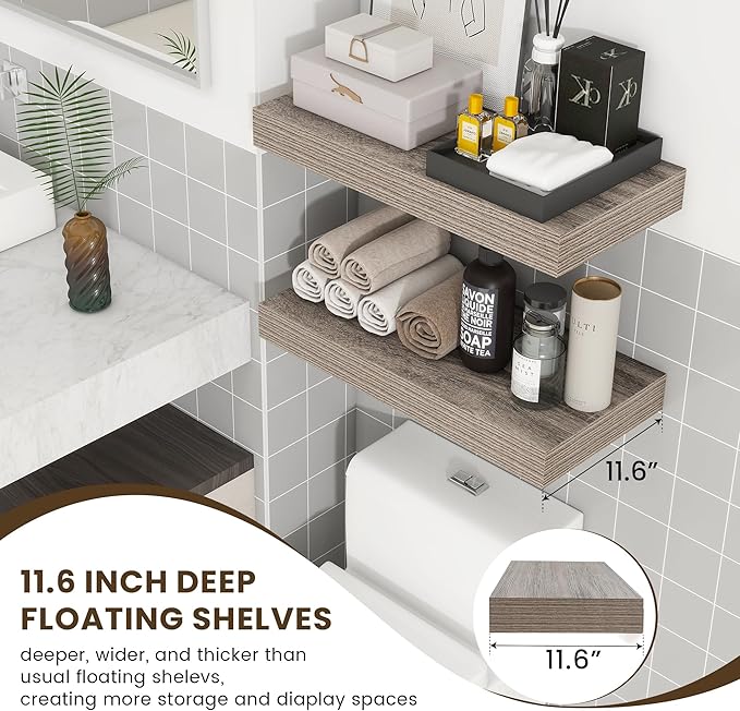 FLYJOE Deep Floating Shelves | 24 Inch Grey Floating Shelves Set of 2 | 12 Inch Deep Rustic Wood Shelves for Wall | 24" W x 12" D Grey Shelves for Living Room Bathroom Laundry Room Kitchen