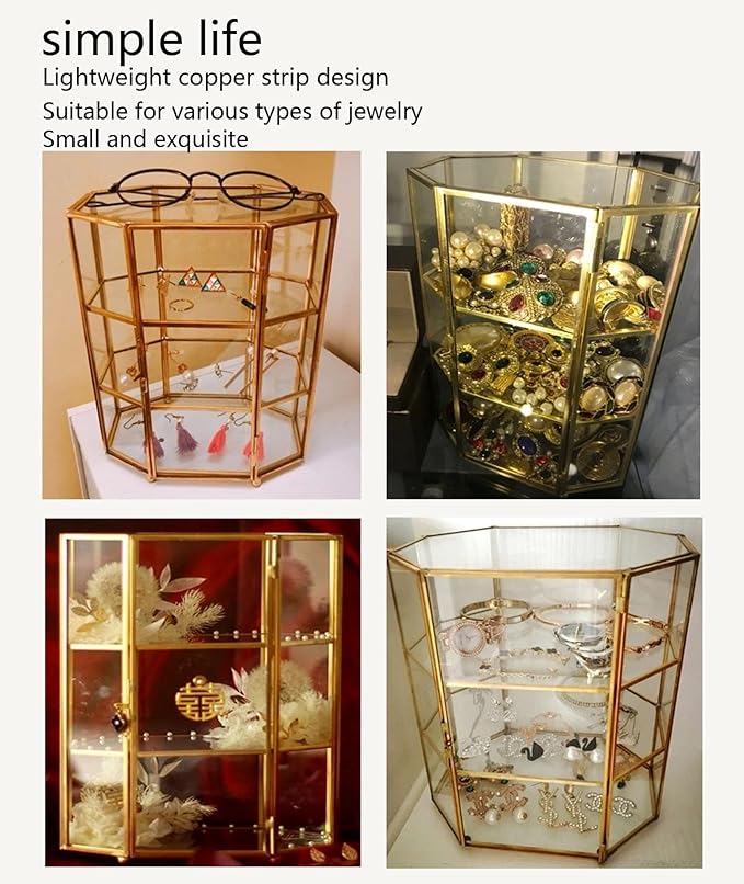 Clear Glass Storage Box, Glass Display Case, Three Layer Jewelry Case, Makeup Box, Keepsake Organizer, Multifunctional Display Cabinet for Vanity Decor Home Dresser, Gold ﻿