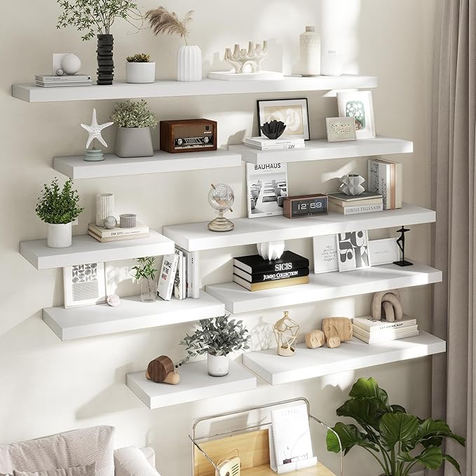 Fun Memories 12 Inch Deep Floating Shelves, 40 x 12 Floating Shelves for Wall Set of 2, Extra Deeper Hanging Wood Wall Shelves for Bedroom, Living Room, Kitchen, White