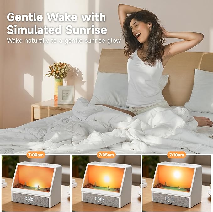 Upgraded Sunrise Alarm Clock, White Noise Machine with 12 Soothing Sounds, Wake-Up Light with Snooze Function, 12/24H Dual Time Display, Power Adapter Included, for Youth, Mother's Day