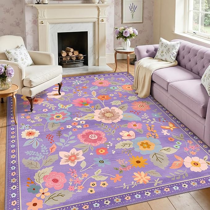 RELEANY Floral Nursery 5x8 Area Rugs Washable Print Boho Cute Carpet Non Slip Flower Low Pile for Living Room Kids Girls Playroom Bedroom Kitchen Office Farmhouse-Purple/Pink/Multi