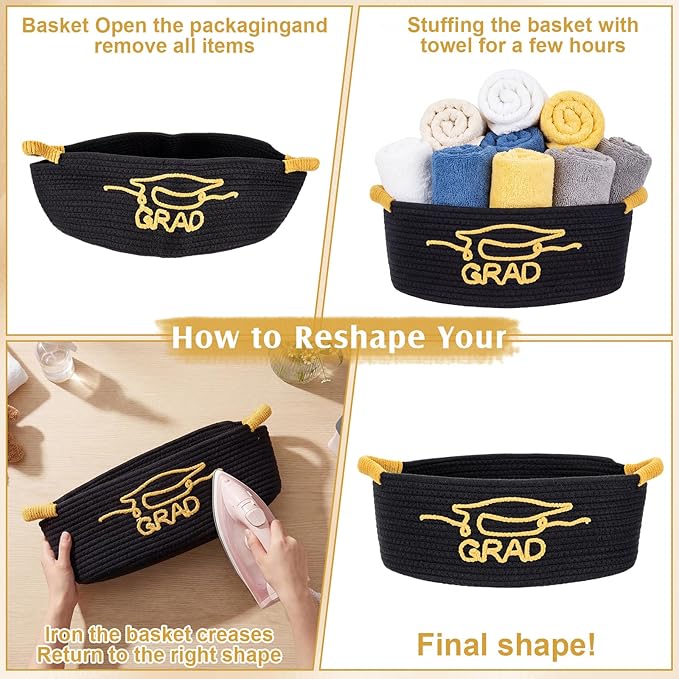 Colingmill 2026 Graduations & Nurses Week Gift Basket Empty to Fill, Woven Rope Basket 15" x 11" x 6" Decorative Storage Baskets with Gift Bag, Bow, Tissue Paper & Year Charm (Black,Gold,Graduation)