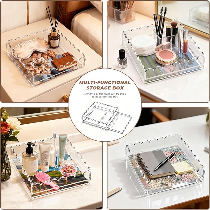Acrylic Tray for Needlepoint, 9 x 9 Inch Clear Scalloped Acrylic Decorative Tray with Upgraded 2 Magnets Drawer Display for Insert Photo, Fabric Square Organizer Acrylic Tray for Home Decor