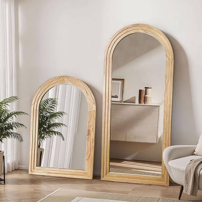 Delma Arched Full Length Floor Mirror with Stand, 55x24 Rustic Farmhouse Solid Wood Frame Wall Mirror for Bedroom, Living Room, Vertical Hanging & Standing(Natural)