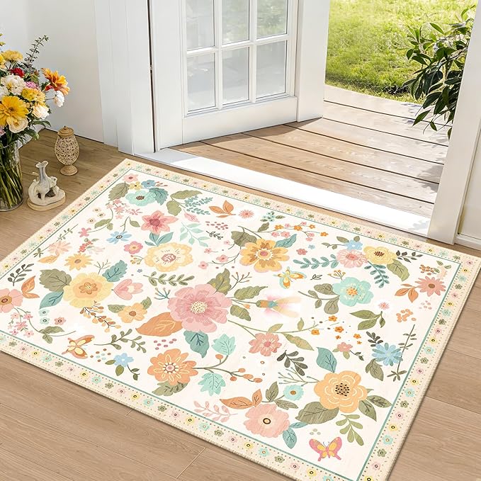 RELEANY Floral Nursery 2x3 Area Rugs Washable Print Boho Cute Carpet Non Slip Flower Low Pile for Living Room Kids Girls Playroom Bedroom Kitchen Office Farmhouse-Beige/White/Orange