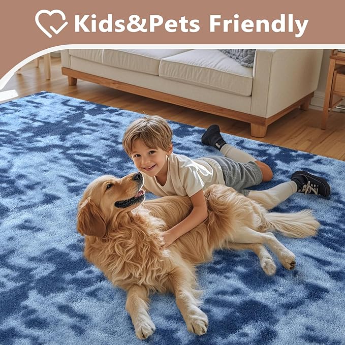 FinRèc 5x7 Washable Area Rugs for Bedroom Living Room, Low Pile Thin Ultra Soft Shag Rug, Non-Slip Carpet Indoor for Home Decor (Tie-dye Teal)