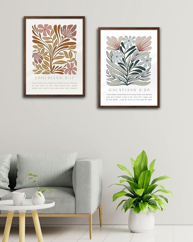 EcoHest Bible Verse Floral Framed Wall Art, 12x16 in Walnut Color OAK Wood Boho Abstract Flowers Canvas Wall Art, Galatians 2:20 Home Decor, Beige Logs Boho Christian Set of 1 for Bedroom Living Room