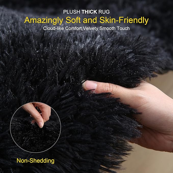 KICHOWUA Thick Area Rug Black Fluffy Shag 3x5 for Bedroom, Ultra Soft Thickened Plush Washable Carpet, Non-Slip Cozy Shaggy Fuzzy Rug for Living Room Nursery Dorm Playroom Kids Baby Room