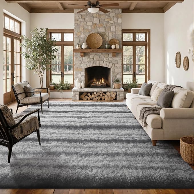 Area Rugs for Living Room 8x10 Feet, Soft Fluffy Shagg Plush Bedroom Rug Non-Slip,Large Carpet for Nursery Kids Dorm Home Decor Grey White Stripe