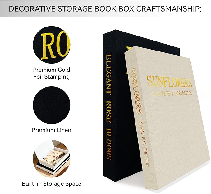Premium Linen Decorative Book Box Set of 2 - Letter Gold Foil Embossed with Hidden Storage | Coffee Table, Bookshelf & Mantel Decor & Keepsake Organizer to Elevate Home Aesthetic, Black
