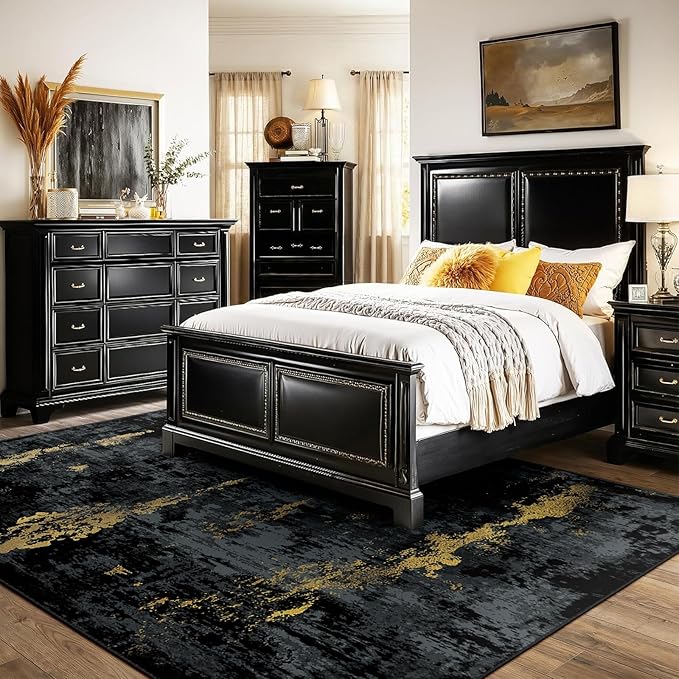 RELEANY Washable Area Rugs 6'x9' Non-Slip Modern Abstract Soft for Living Room Entryway Bedroom Nursery, Print Pattern, Dark Black Gold