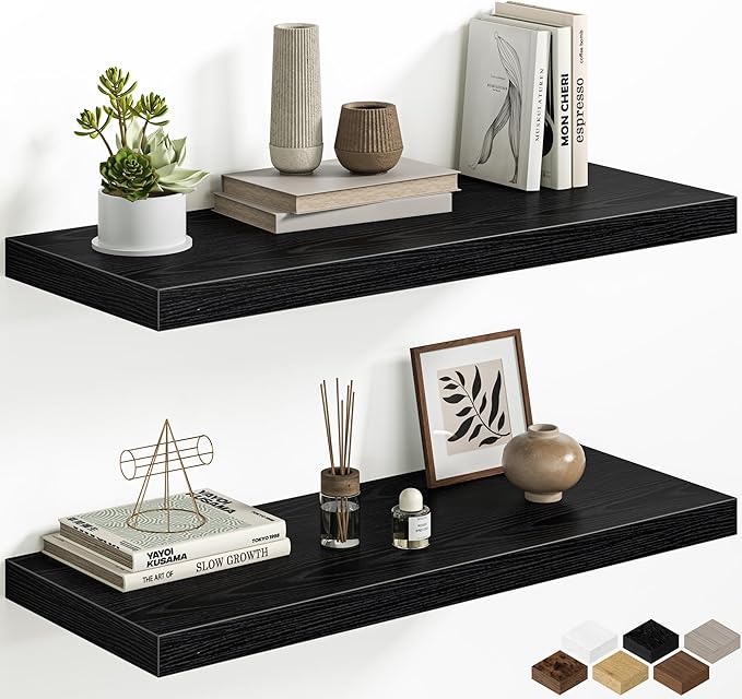 Fun Memories Black Floating Shelves - 2 Pack 30 Inch Long Rustic Wooden Wall Shelves - 12 Inch Deep Wall Mounted Storage Shelf with Invisible Heavy-Duty Brackets for Books, Bathroom, Kitchen