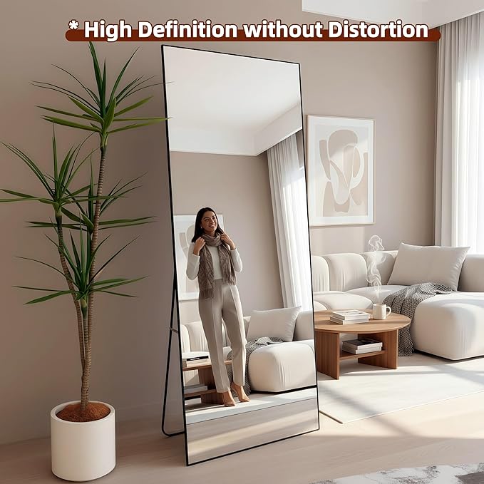 Full Length Mirror 56"x21" Black Rectangle Floor Mirror with Stand, Aluminum Alloy Frame Tempered Glass Full Body Mirror, Wall Mountable Standing for Bedroom Bathroom Living Room Entryway