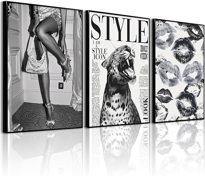 Trendy Leopard Wall Art Black and White Cheetah Canvas Wall Decor Fashion Preppy Room Poster Vintage Y2k Aesthetic Prints Funky Heels Lips Pictures Artwork for Girl Bedroom 16x24x3 Inch Unframed